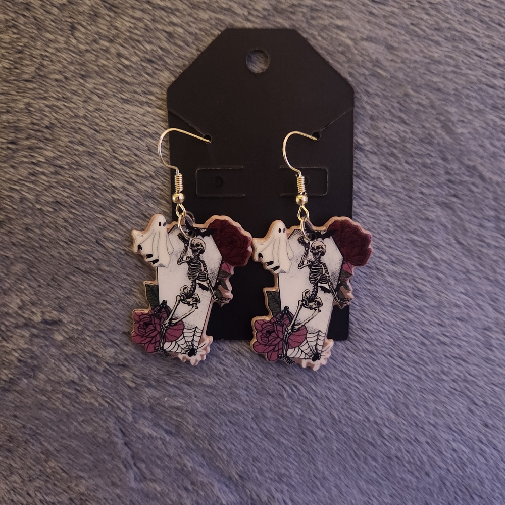 Skeleton and Rose Dangle Earrings